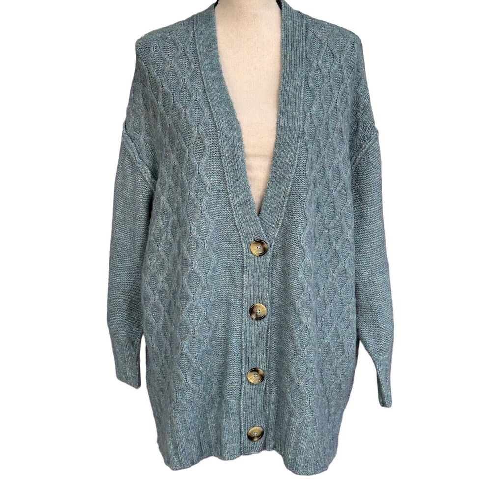 Black Tape Plus SZ X Cardigan Button-Up Cable Knit Long Sleeve Stretch Teal Blue